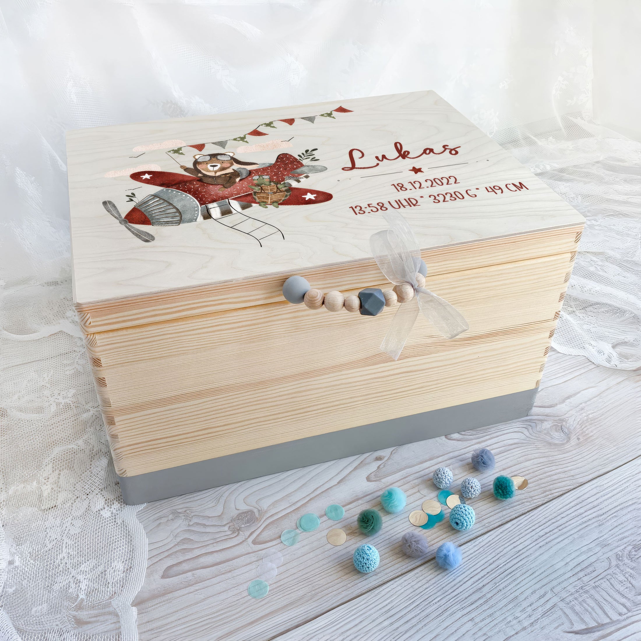 Erinnerungskiste Bär im Flugzeug